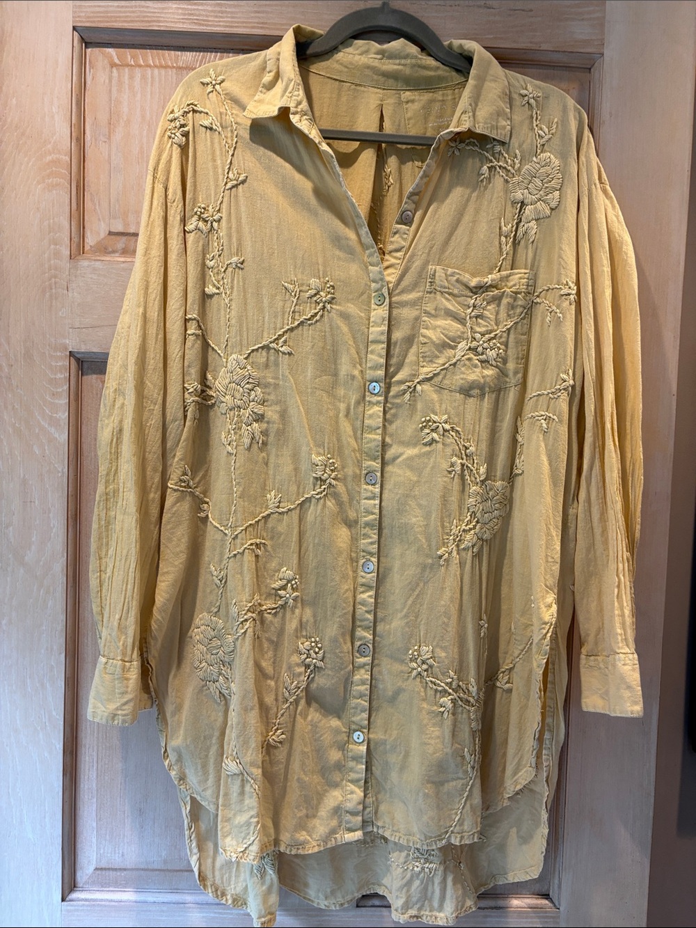 Karyn Seo 100% Cotton Embroidered Button-Front Tunic Shirt in Butter Yellow XL